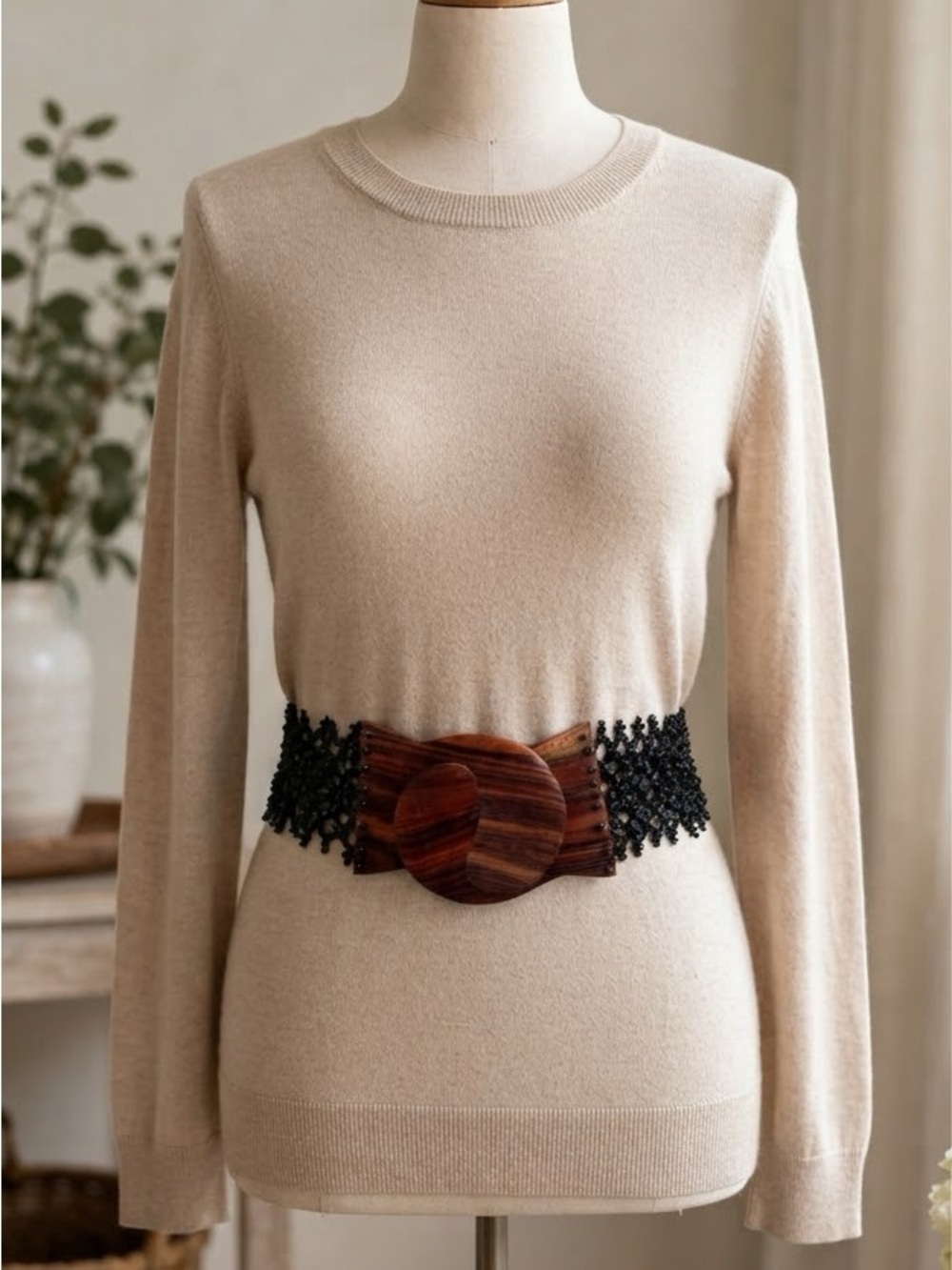 Bohemian Elastic Beaded Belt with Statement Wooden Buckle